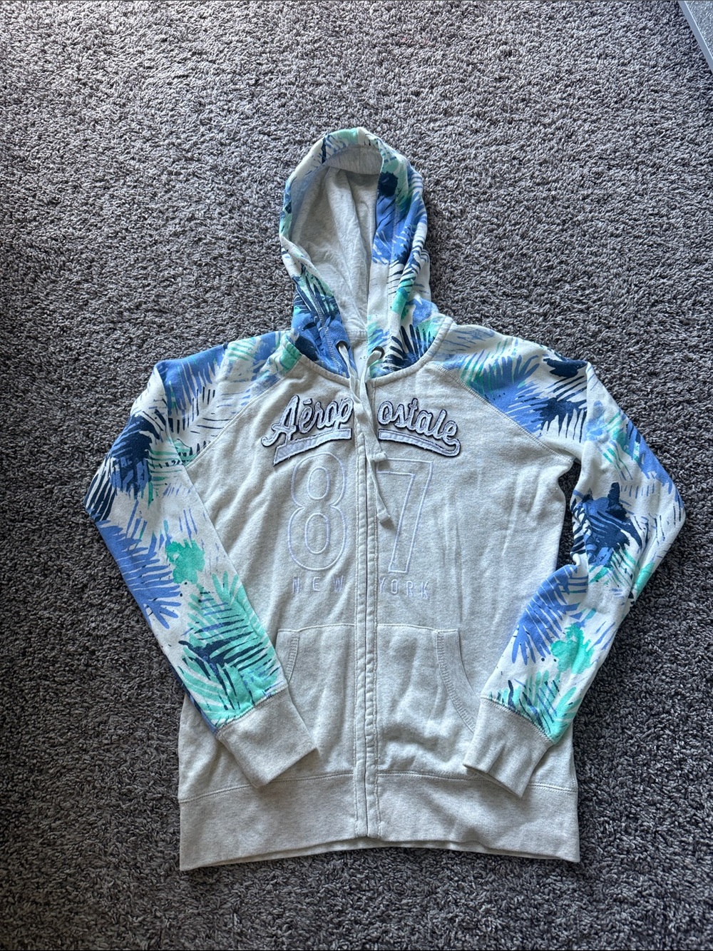 Aeropostale Light Gray Zip Hoodie with Blue & Green Palm Print